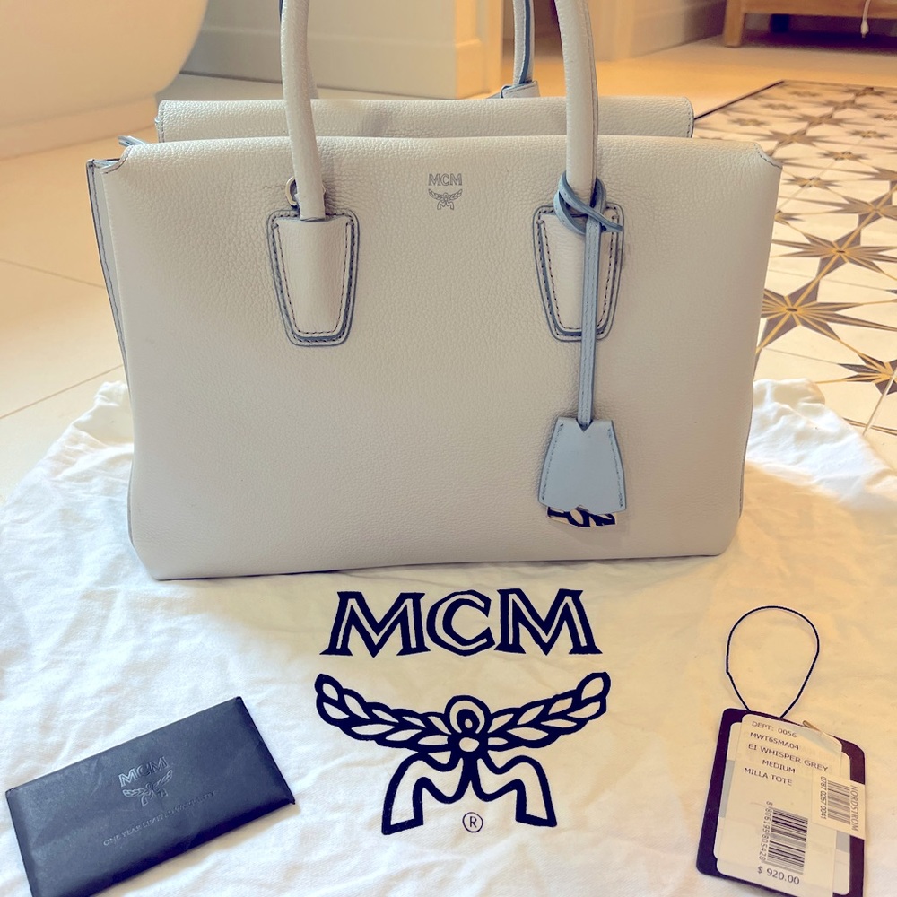 MCM Willa Medium Tote, whisper grey with light blue trim.